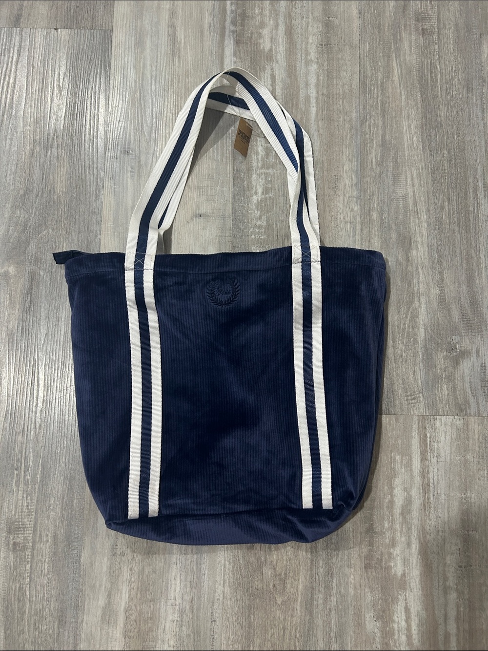 Navy Corduroy Tote with White Striped Handles by PINK